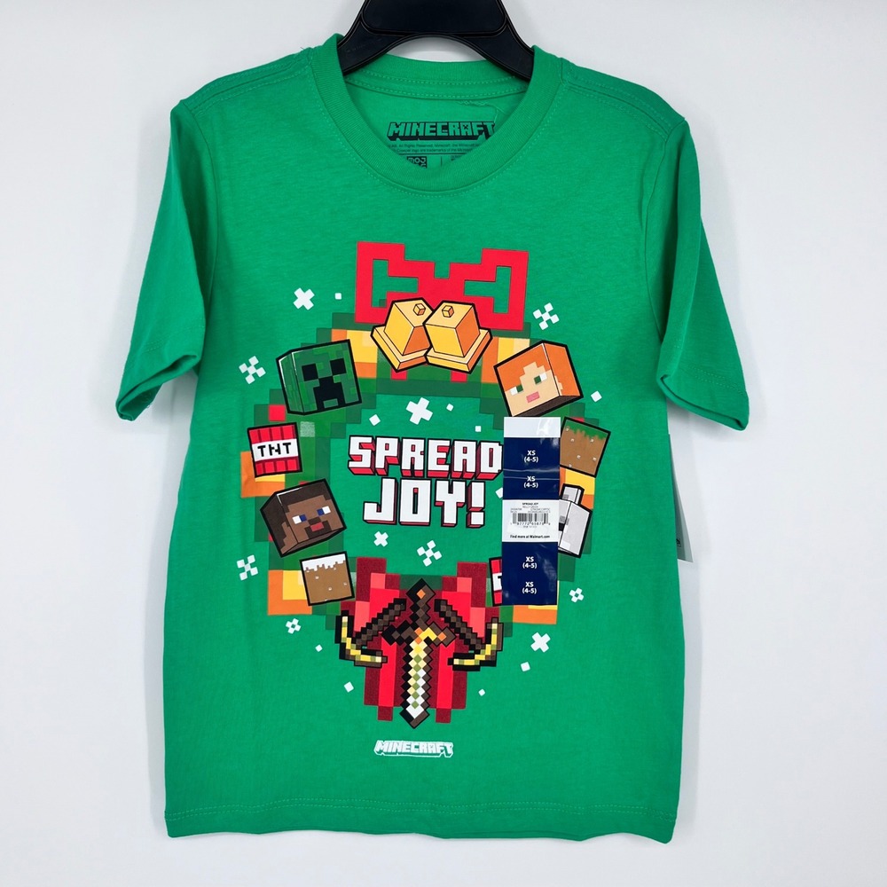 Minecraft Spread Joy T-Shirt Kids Size XS 4/5 Green Holiday Festive Graphic Tee